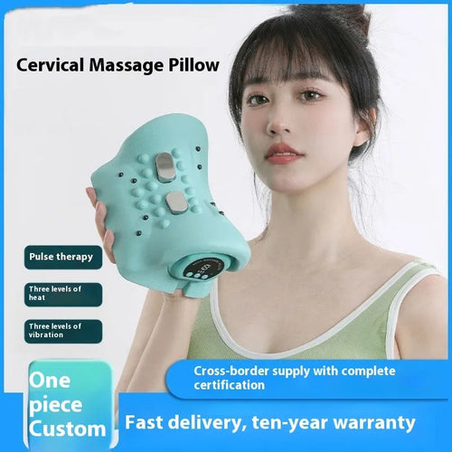 Blue-green portable EMS massage pillow with hot compress for shoulder and neck relief