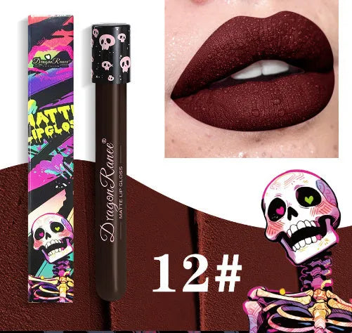 Halloween skull test tube containing gold and silver matte lip gloss for waterproof costume makeup.