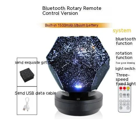 LED starry sky projector night light showing constellation projection on a bedroom ceiling.