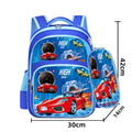 Children's sapphire blue backpack with anime cartoon prints showing dimensions and included pencil case