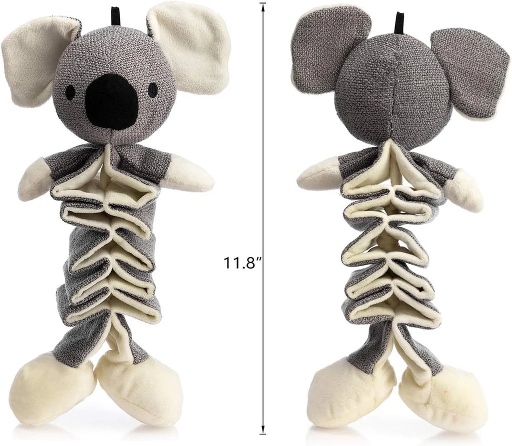 Grey koala plush dog toy measuring 30cm long with visible stitching and soft limbs.
