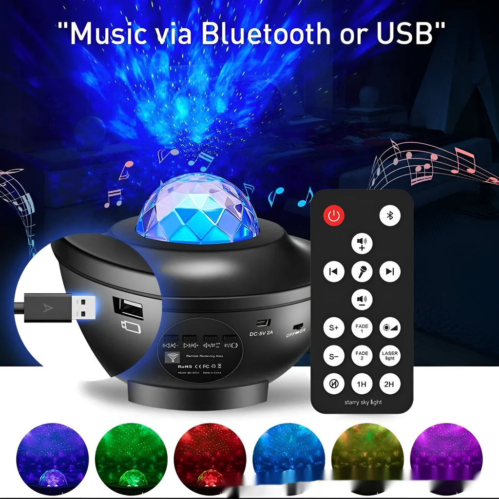 Black starry sky projection lamp with rotating water ripple laser effects on desktop