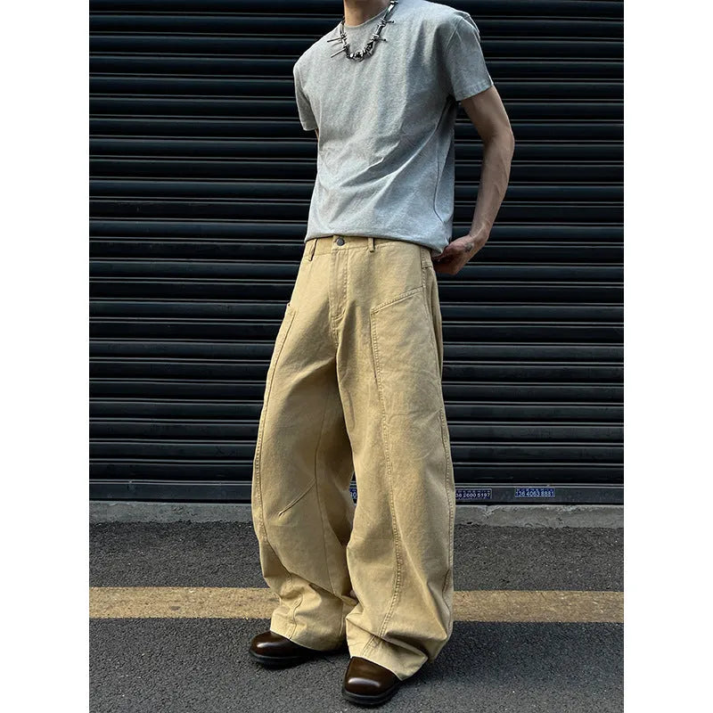 Men's khaki cotton straight-leg trousers showing American retro styling and solid colour
