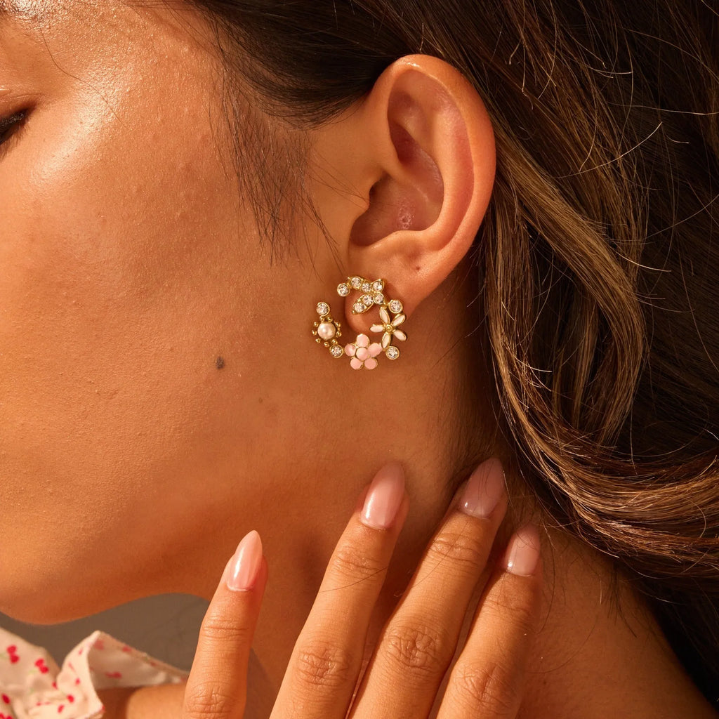 Colourful diamond flower stud earrings with stainless steel construction and gold electroplated finish