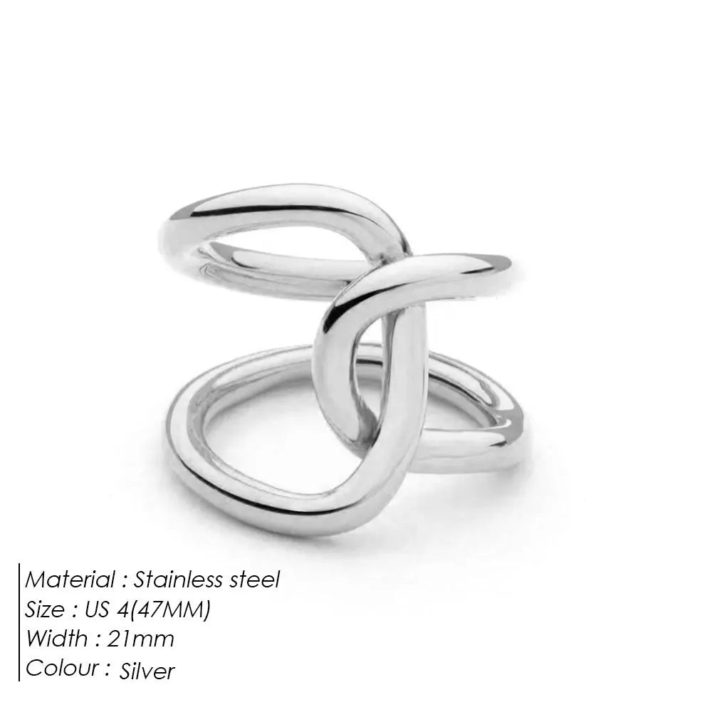 Women's adjustable stainless steel ring with knotted geometric design in gold or steel colour.
