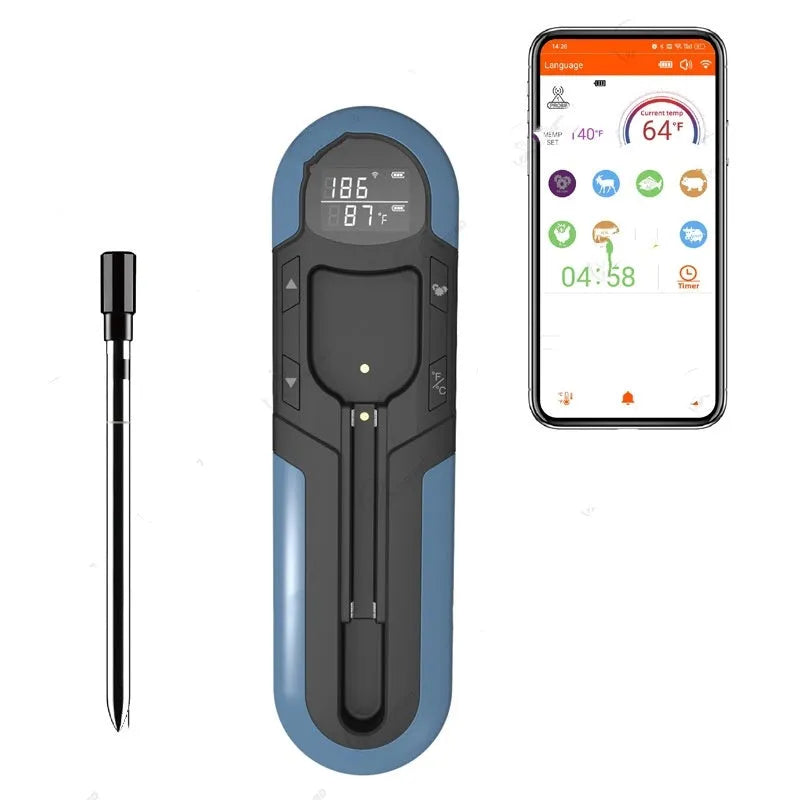 Bluetooth barbecue thermometer in blue with magnetic back and temperature display