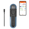 Bluetooth barbecue thermometer in blue with magnetic back and temperature display
