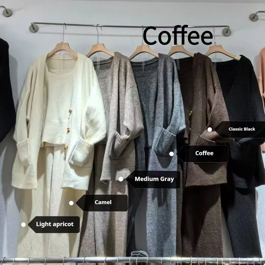 Women's knit cardigan vest suspender pants three-piece set in Japanese Korean casual style