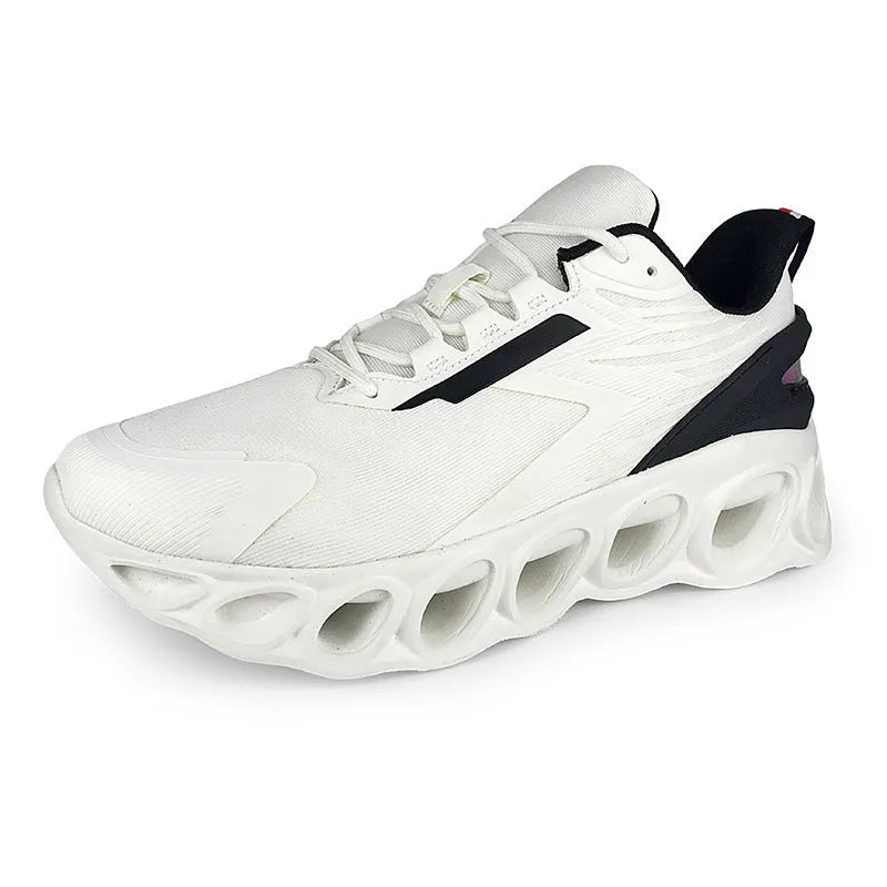 Low top casual shoes in black, white, and dark blue with mesh upper and lace-up front.