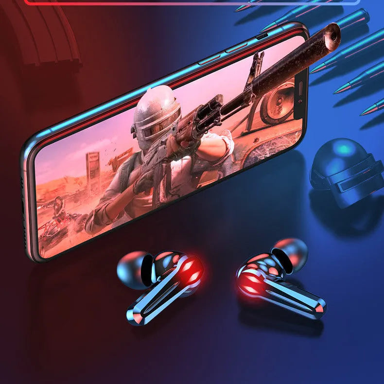 TWS Bluetooth gaming earphones with low latency, stereo earbuds, battery display, and voice control