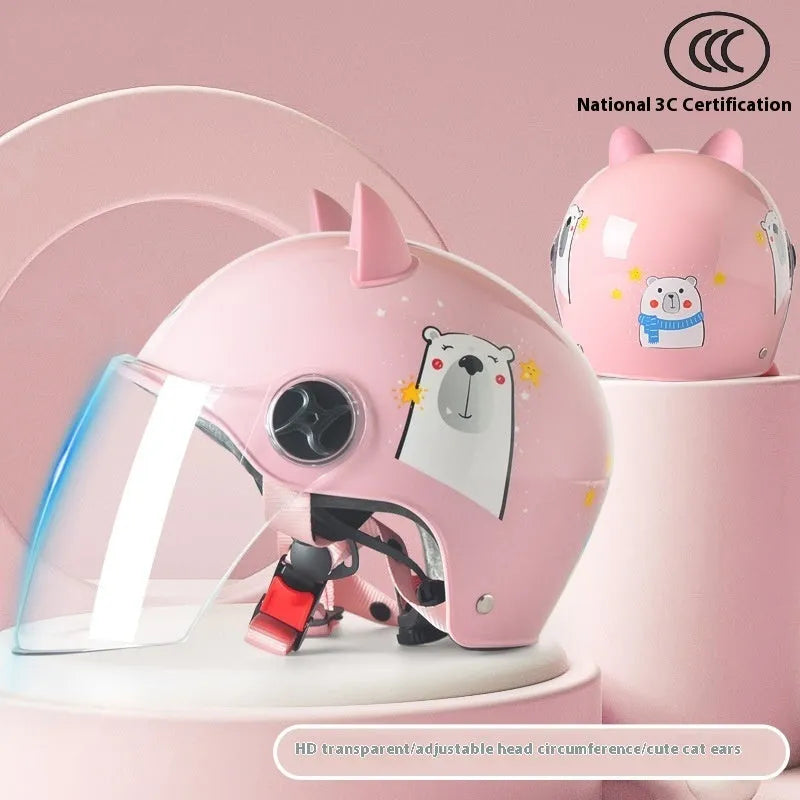 3C certified children's helmet with cat ear design, Blue Bunny colour, ABS shell