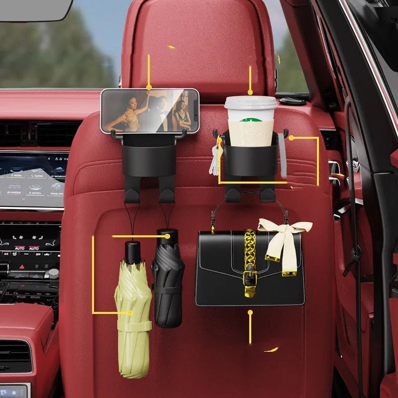 Black plastic car seat back hook with integrated cup holder for vehicle organisation