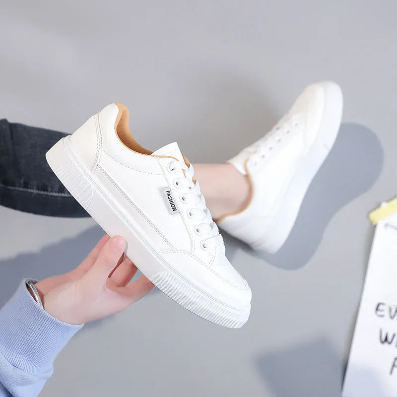 Korean style white and brown low-top sneakers with artificial PU upper and plastic sole