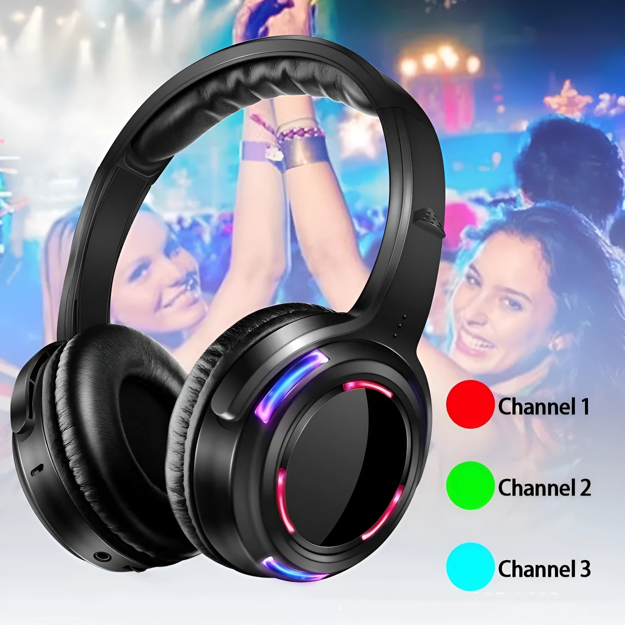 Black silent disco headphones with 40mm speakers and charging cable for wireless group listening