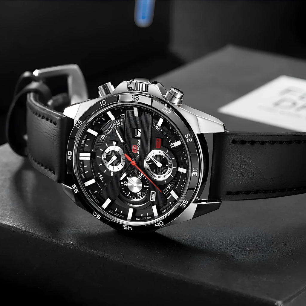 Business casual quartz watch with calendar display and water-resistant construction in multiple colour options