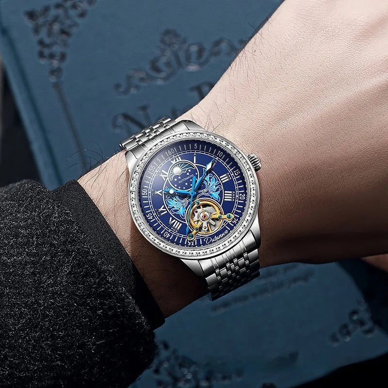Men's waterproof mechanical watch with stainless steel case, transparent back showing movement, and mineral glass crystal.