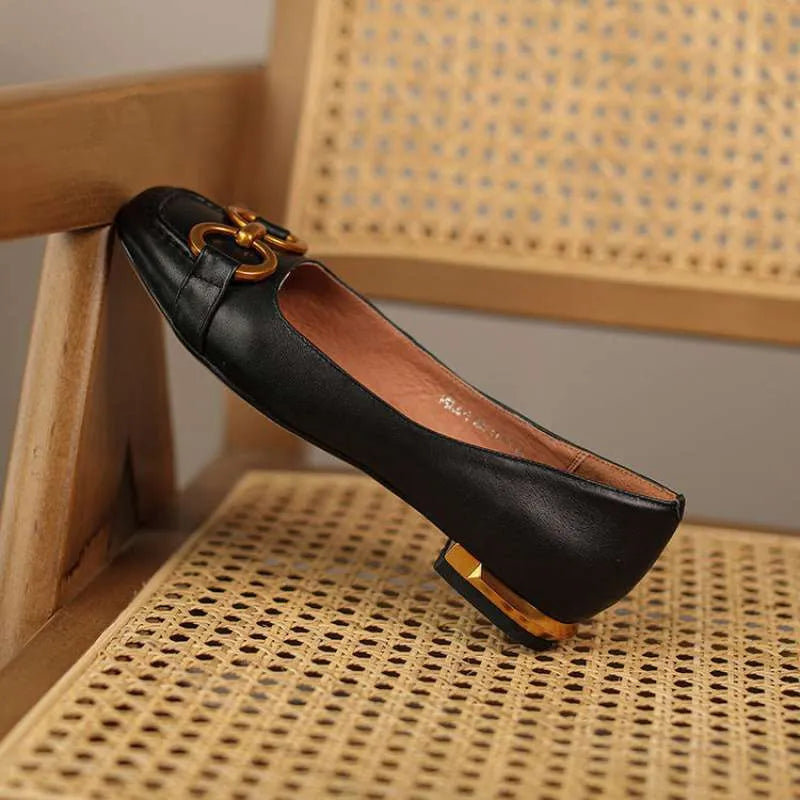 Women's Wanwan Lei style low heel pumps in apricot with square toe and shallow mouth design.