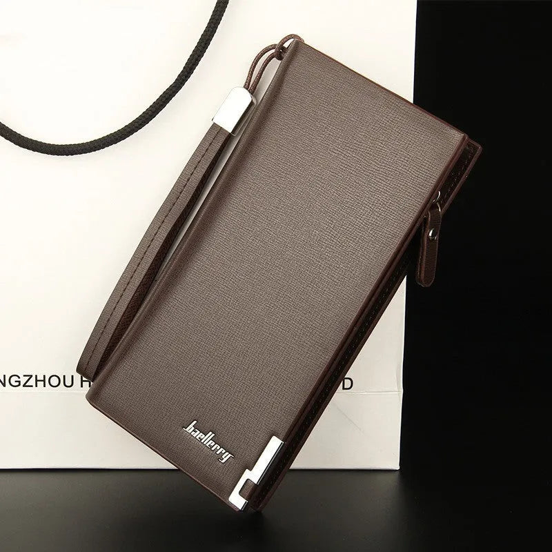 Men's long black PU leather wallet with full-length zipper closure showing seven card slots