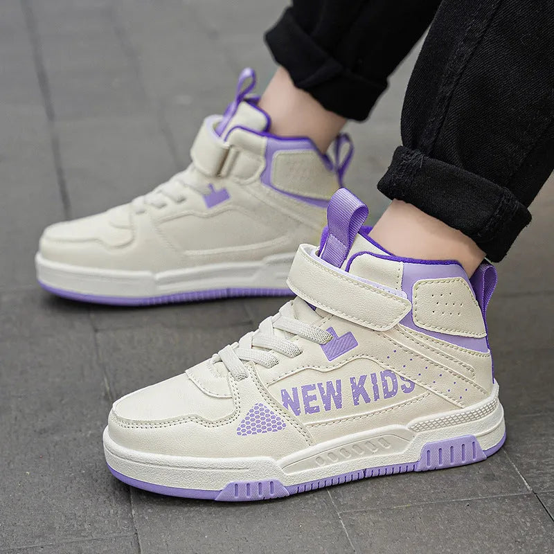Children's street sneakers with buckle closure in beige green, blue, white and purple, or white powder.