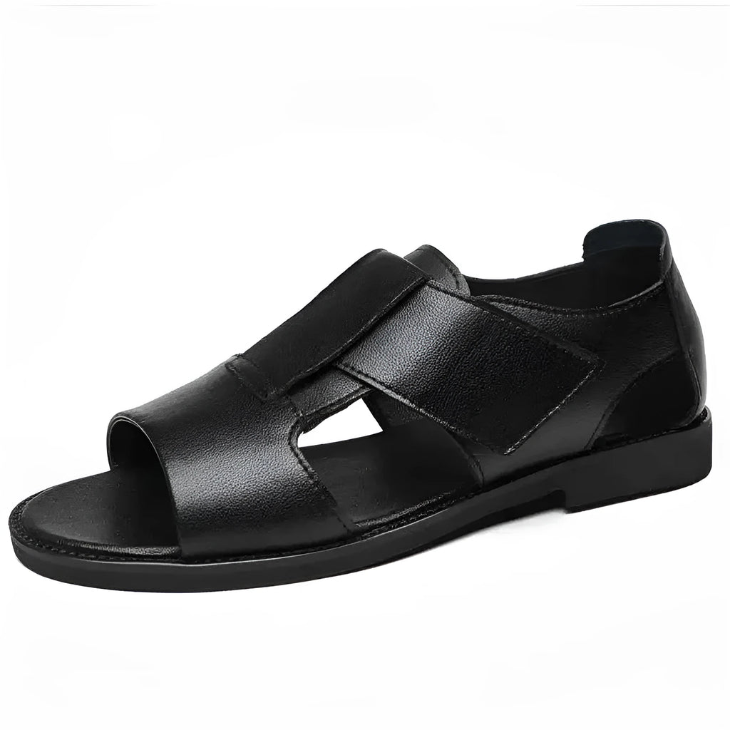Men's black casual sandals with cowhide upper and open toe design on rubber sole