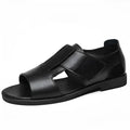 Men's black casual sandals with cowhide upper and open toe design on rubber sole