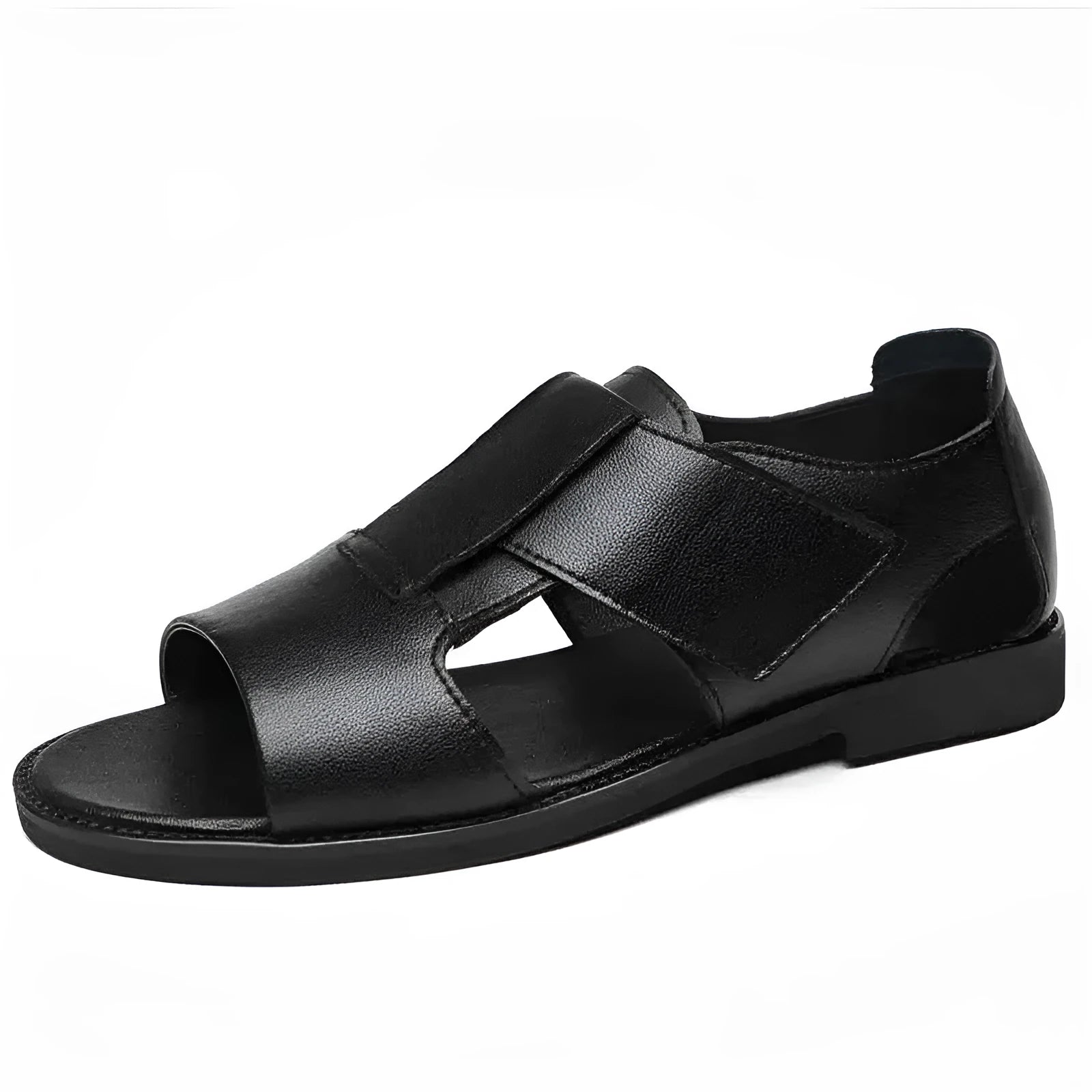 Men's black casual sandals with cowhide upper and open toe design on rubber sole