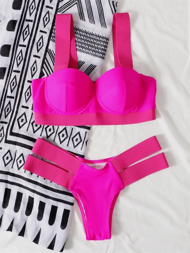 Women's contrasting colour bikini swimsuit with steel bracket push-up board in multiple colour options