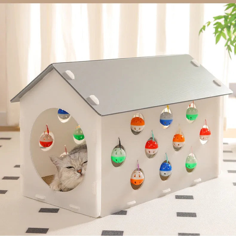 Plastic cat scratch board integrated with nest and bell ball tunnel pet accessory
