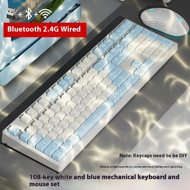 Wireless mechanical keyboard with three connection modes, shown in a choice of 87-key or 108-key layouts and various colour themes.