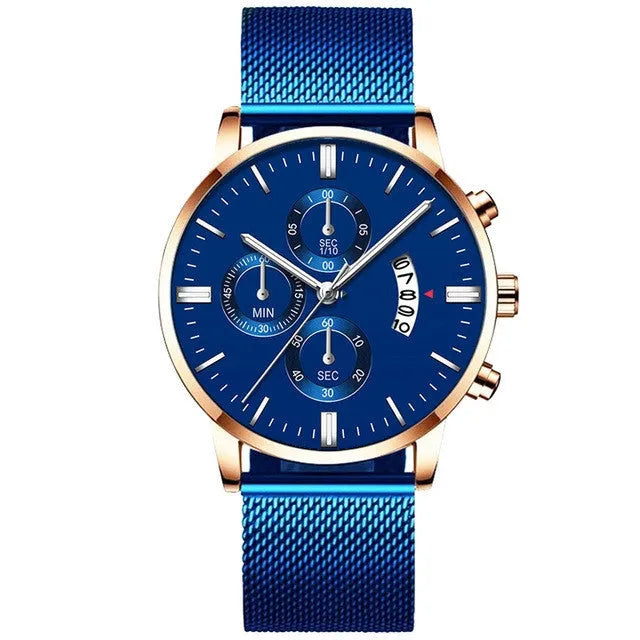 Men's stainless steel mesh band quartz watch with analog display in multiple colour options