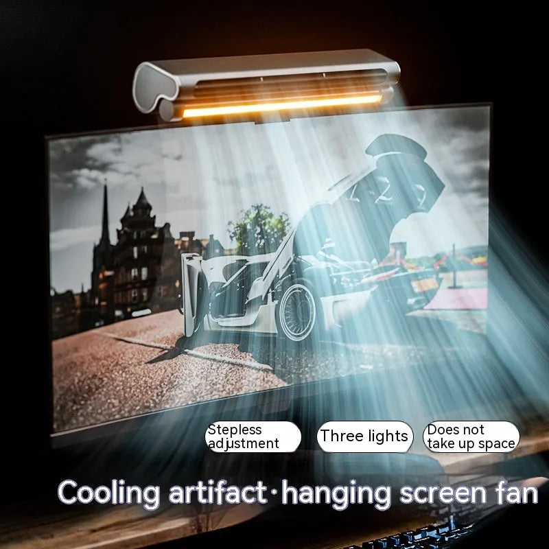Black USB-powered bladeless clip-on desk fan with LED lighting lamp for computer screens