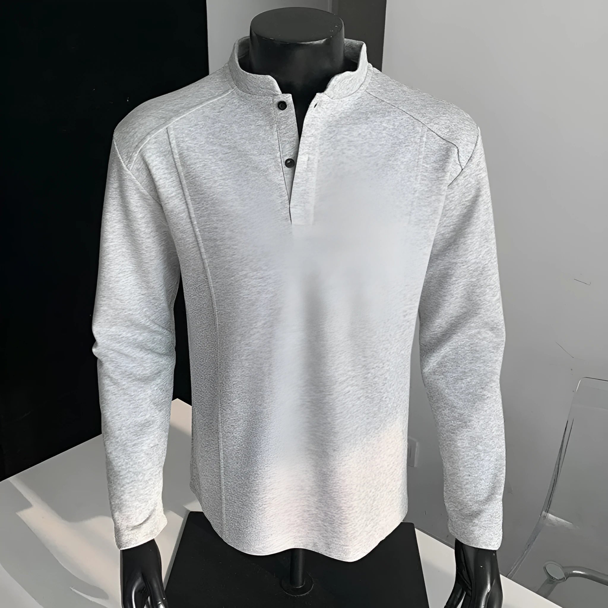 Men's long sleeve patchwork polo shirt with stand-up collar in black, heather gray, and white flower gray cotton fabric
