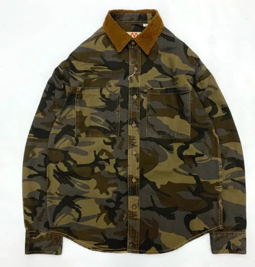 Men's retro camouflage shirt with corduroy lapel stitching and drop-shoulder sleeves in Army Green