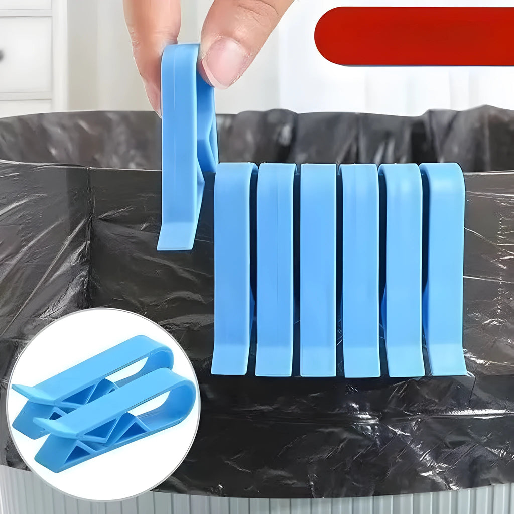 White PP plastic non-slip clip holding a black bin liner to the side of a silver kitchen trash can.