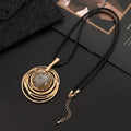 Vintage gold sweater chain necklace with large round plaid pendant on adjustable snakeskin wax rope.
