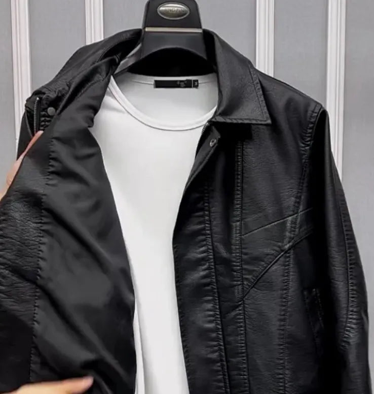 Men's waterproof PU leather lapel jacket in black with loose fit and drawstring sleeves