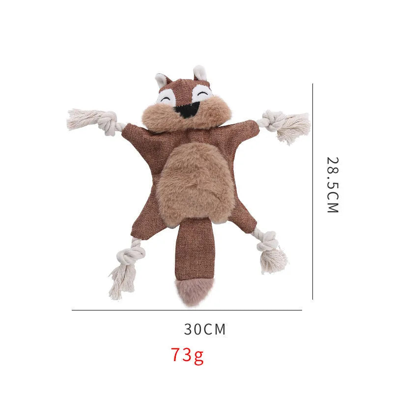 Brown plush fox dog toy with embroidered eyes, rope arms, and a squeaker in its head.