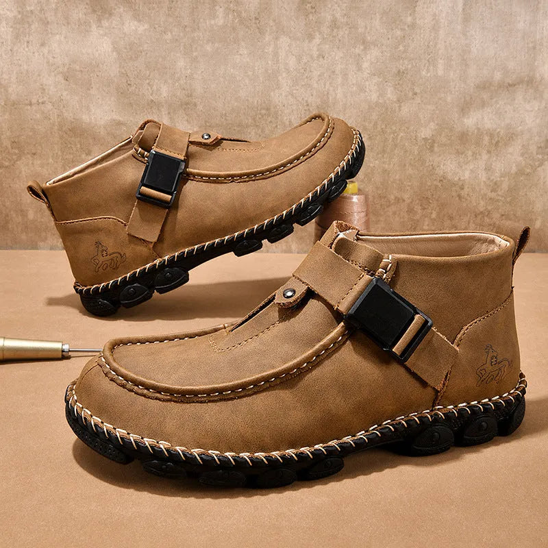 Men's black handmade stitching slip-on casual flat shoes with a low heel.