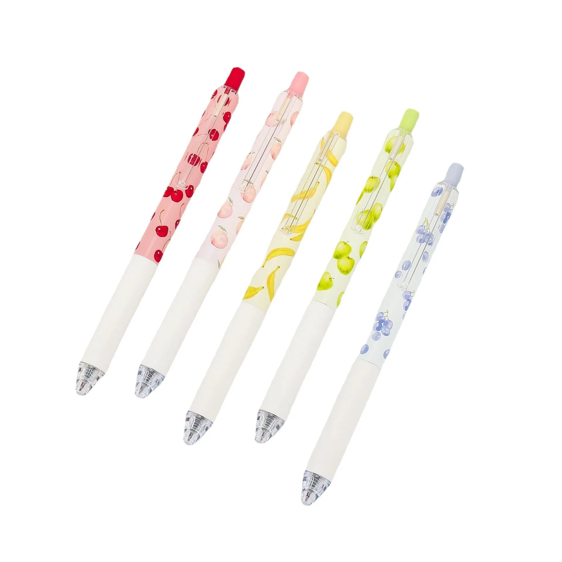 Three fruit-themed pressurised pens with 0.5mm quick-drying black ink