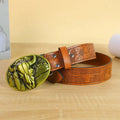 Men's imitation leather belt with cow head buckle design in black or brown colours