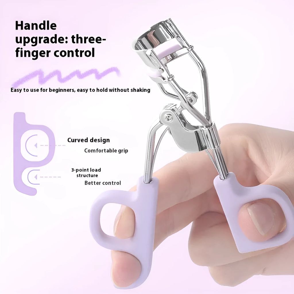 A4 chrome eyelash curler with scissor handles and a tail, shown in pink and purple colour options.