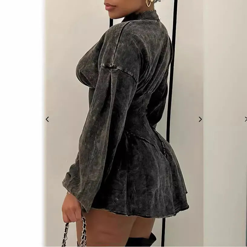 Grey digital print A-line dress with drawstring waist and long sleeves