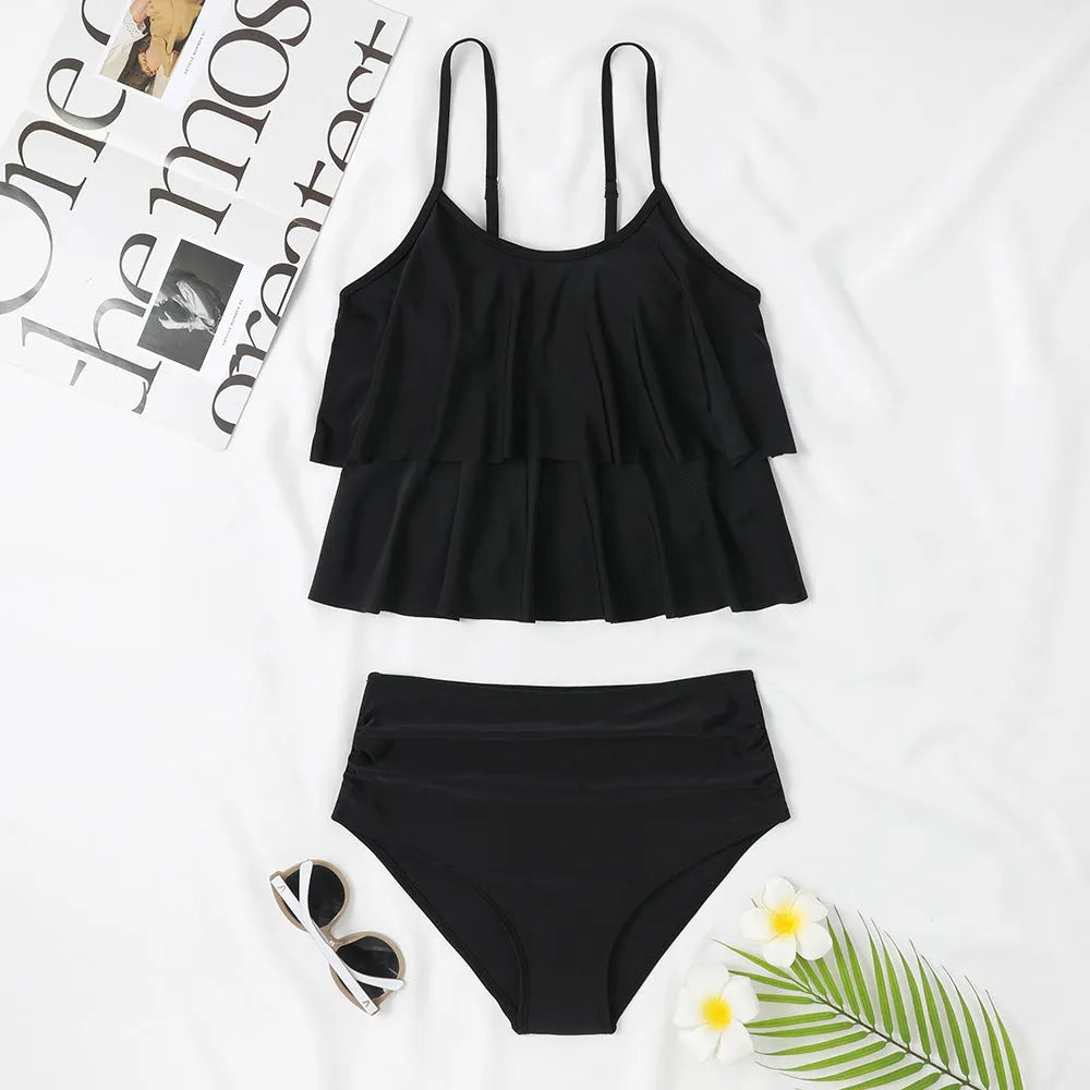 Women's high waist double-layer swimsuit with coconut tree print pattern