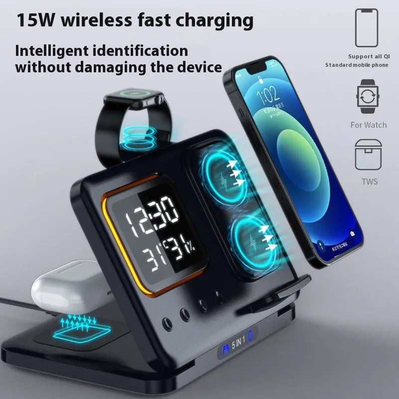 Black and white wireless charging station with LED digital display showing time temperature humidity