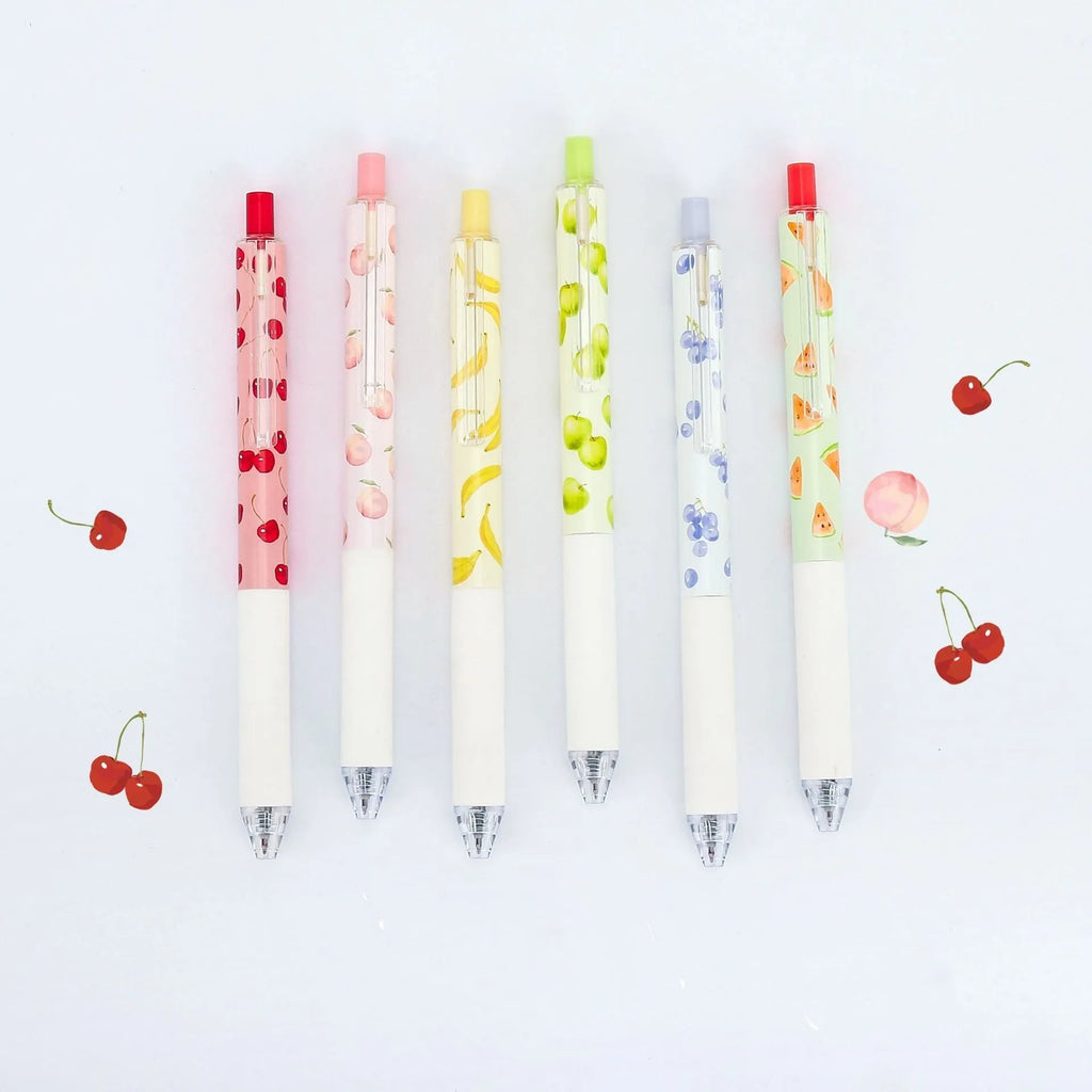 Three fruit-themed pressurised pens with 0.5mm quick-drying black ink