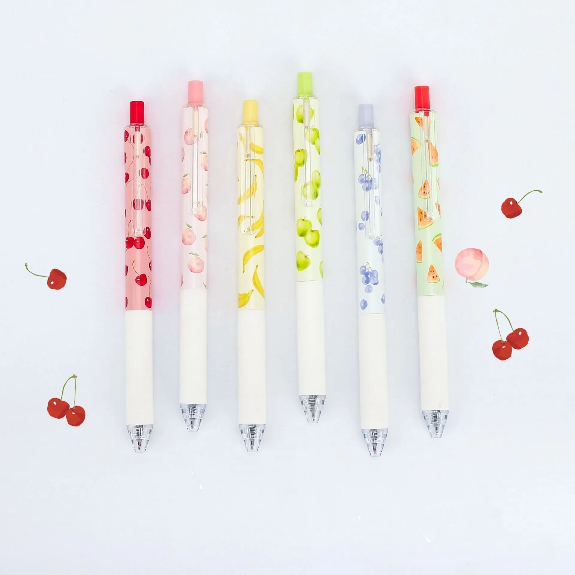 Three fruit-themed pressurised pens with 0.5mm quick-drying black ink