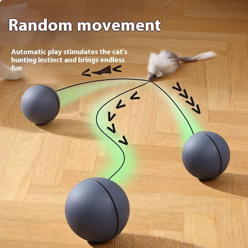 Blue orange automatic cat teaser ball with plush mouse attachment rolling on floor