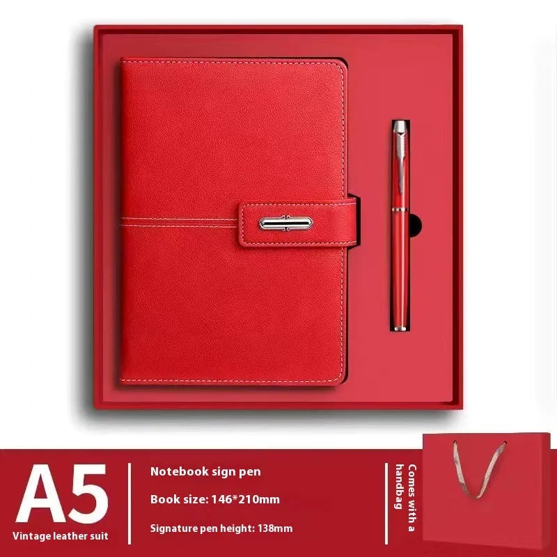 Custom A5 notebook with imitation leather cover in Business Black showing wood-free paper interior pages