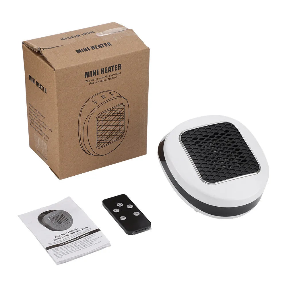 White ceramic electric hot air blower heater with remote control on table