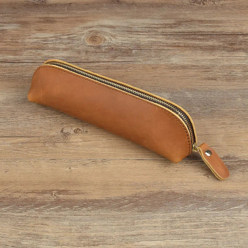 Handmade cowhide leather pencil case with zipper in square 18cm design